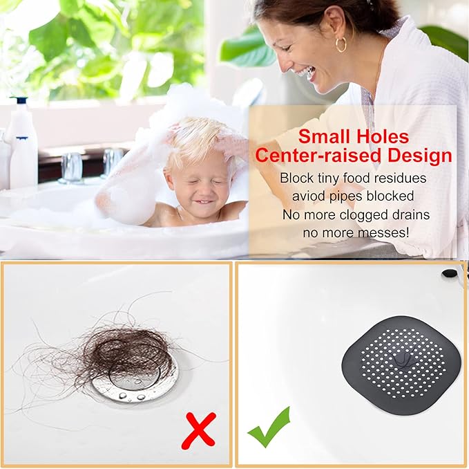 Hair Drain Catcher,Square Drain Cover for Shower Silicone Hair Stopper with Suction Cup,Easy to Install Suit for Bathroom,Bathtub,Kitchen 2 Pack (Ivory White Black)