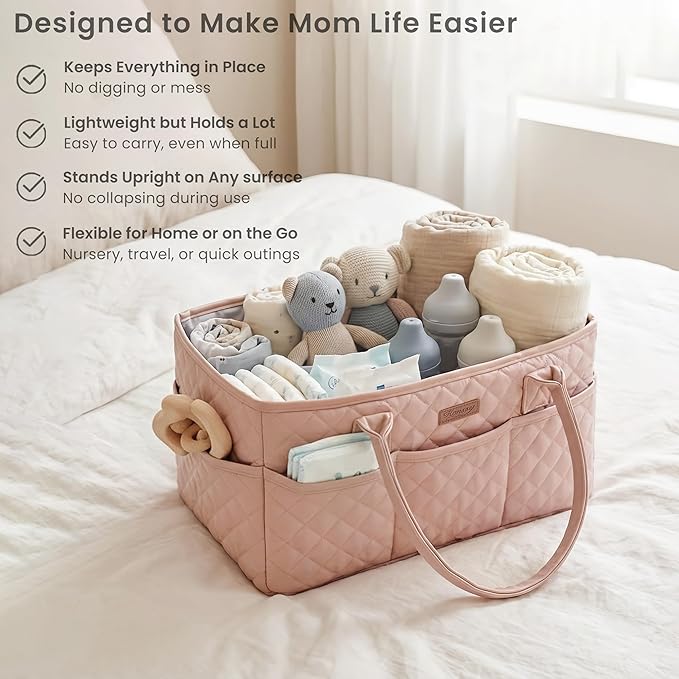 Konssy Quilted Diaper Caddy Organizer, Diaper Caddy Basket with Vegan Leather Handles, Portable Nursery Storage Basket, Water-Repellent Car Organizer, Registry Search Must Haves (Blush Pink)