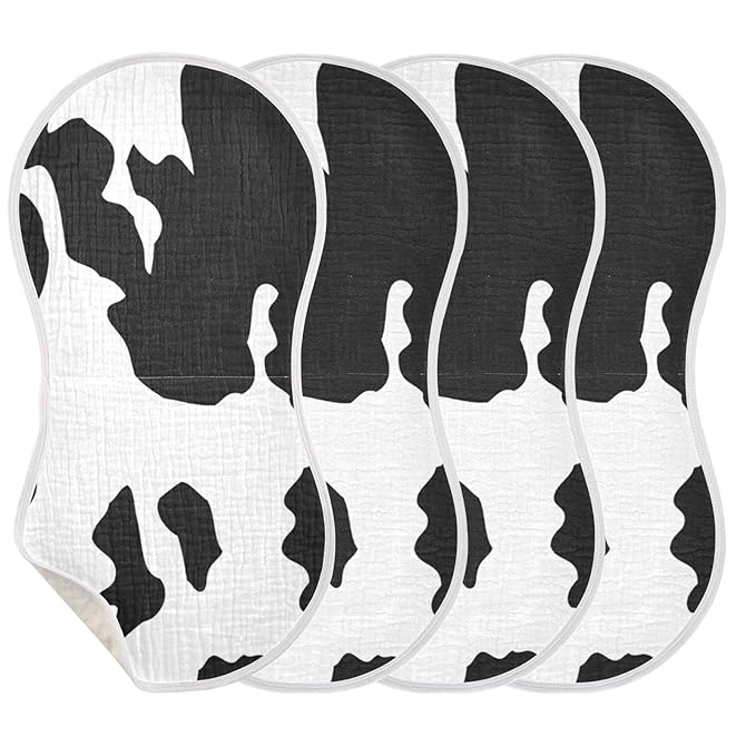 Muslin Baby Burp Cloths Set of 4, Soft Absorbent Animal Cow Print Muslin Washcloths, Bibs, Face Towel for Newborn Boys Girls, 22 x 11 Inch