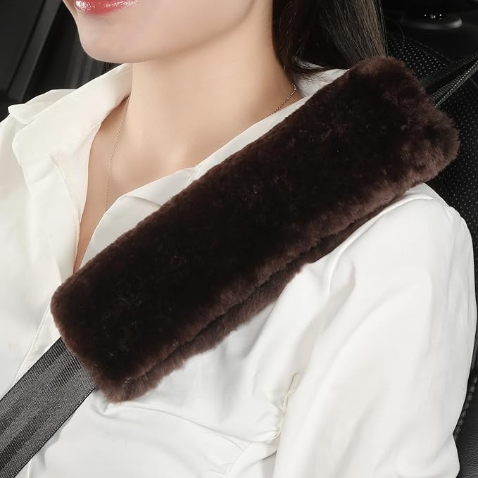 Fluffy Fuzzy Genuine Sheepskin Car Seat Belt Covers for Soft Auto Lambswool Seatbelt Pads, Shoulder Strap Cushion Adults Kids (1, Brown)