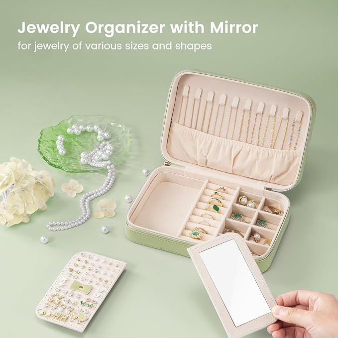 Lolalet Travel Jewelry Case for Women Girls, Travel Jewelry Organizer Box with Mirror & Clear Storage Bag, Small Portable Earring Necklace Bracelet Ring Case, Birthday Valentine Gifts -Medium, Green