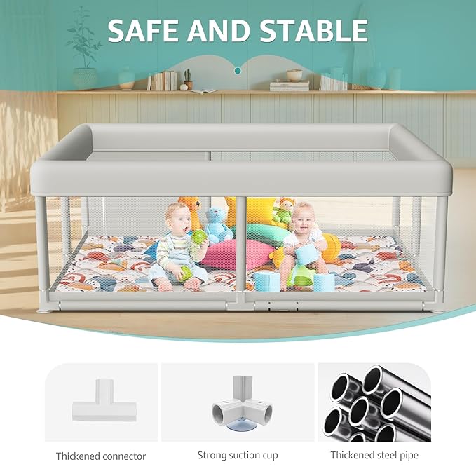 65 x 50 Inch Baby Playpen with Mat, PlayPen for Babies and Toddlers, Sturdy Safety Play Yard for Indoor & Outdoor with Zipper Gates