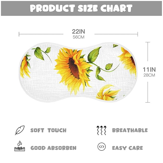 Muslin Baby Burp Cloths Set of 2, Soft Absorbent Big Sunflower Muslin Washcloths, Bibs, Face Towel for Newborn Boys Girls, 22 x 11 Inch