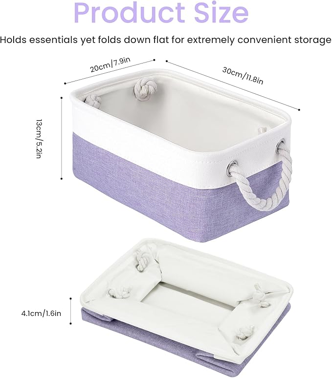 Storage Baskets for Shelves 11.8x7.9x5.2 Inch, Foldable Fabric Storage Bins with Handles, Small Storage Baskets for Organizing Closet, Office, Home Organization (1-Pack, White&Purple)