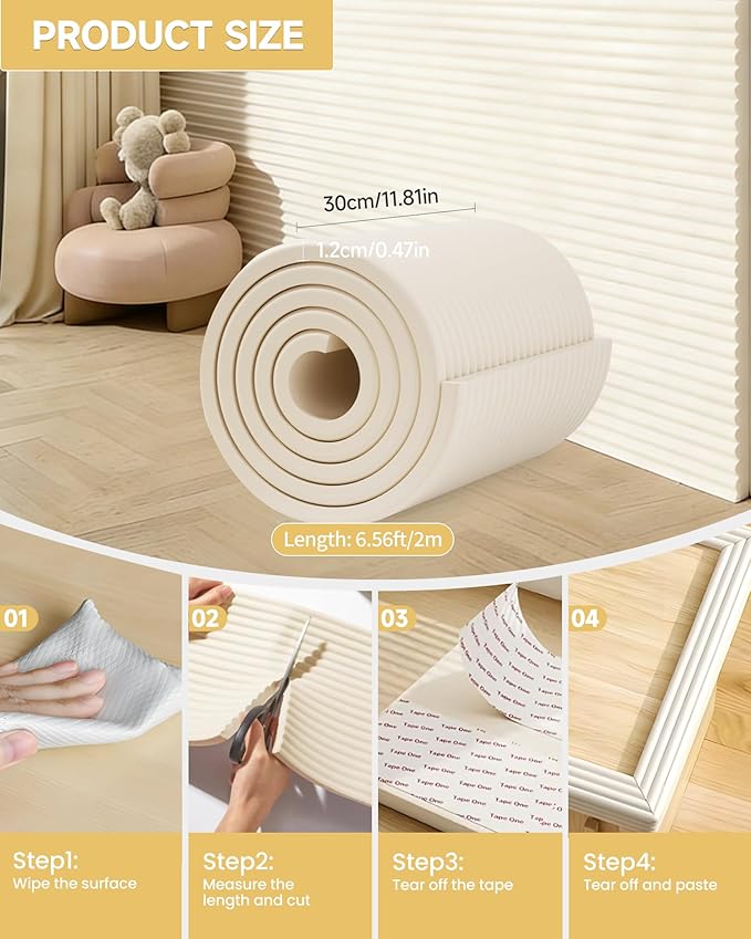 11.8''W Extra-Wide Edge Protector, 6.56FT 0.47''Th Baby Proofing Corner Guards, Safety Furniture Bumper, Pre-Taped, Thick Soft Rubber Foam Padding for Fireplace Table Stair Cabinet (Beige)