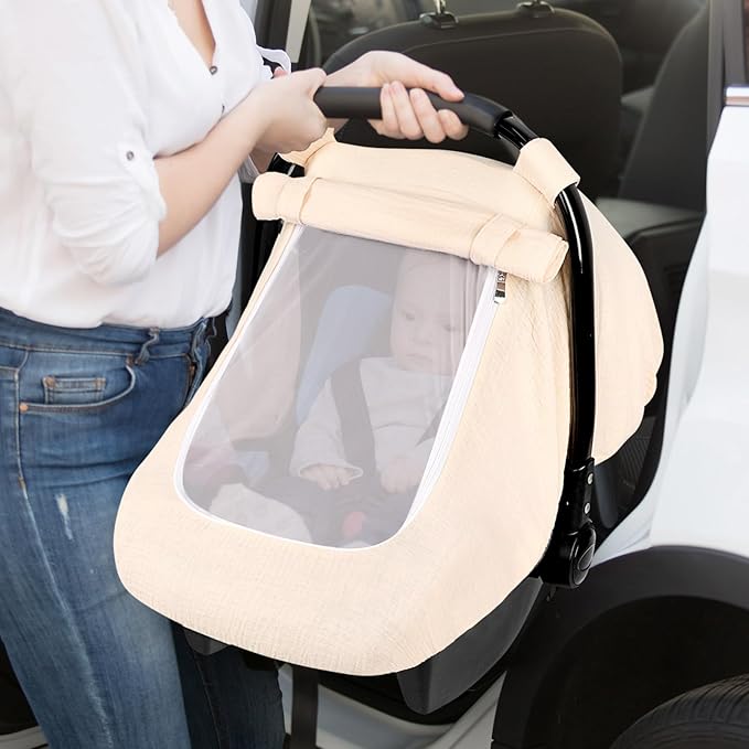 Hooyax Muslin Car Seat Cover Baby - Breathable and Privacy Car Seat Canopy with 3 Modes - Easy Install & Gift Box Packaging, Universal Fit for Infant Car Seats, Apricot