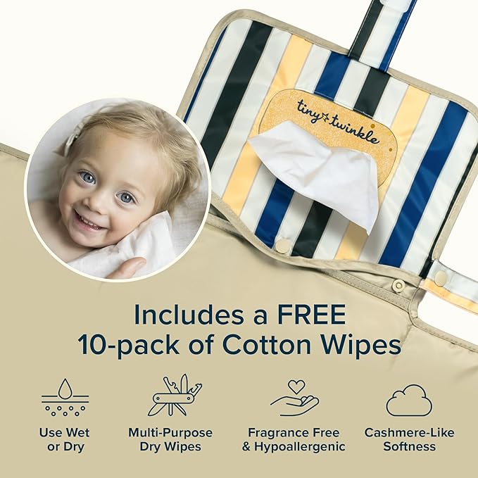 Tiny Twinkle Portable Diaper Changing Pad | Waterproof, Wipeable & Compact Baby Changing Pad for Travel | Smart Wipes Pocket & Organized Storage| Newborn Shower Gift (Retro Stripes)