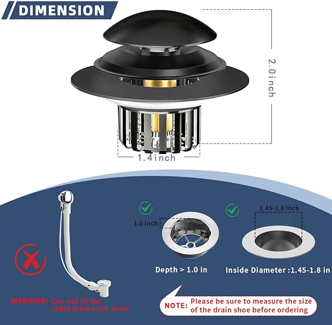 Drain Strainer Universal Tub Stopper Bathtub Drain, Drain Hair Catcher and Cover, Pop Up Tub Stopper Bathtub Drain Plug Cover Replaces Bath Tub Bathtub Drains (Black)