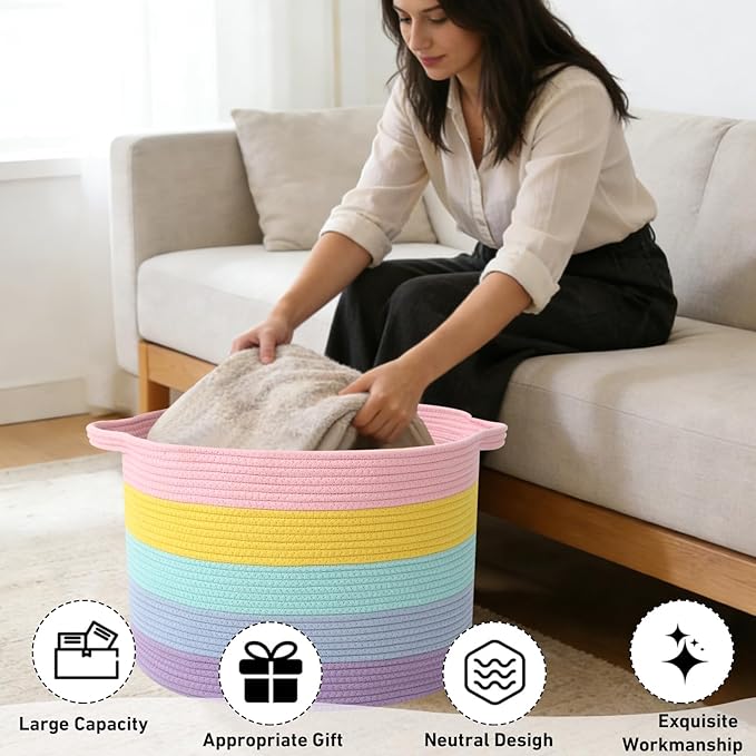 90L Large Blanket Basket,21.7"L x 21.7"W x 13.8"H Rope Woven Baskets with Handles, Toys Storage Bins,Laundry Basket Perfect for Living Room, Nursery,Bedroom,Home Organization,Colorful