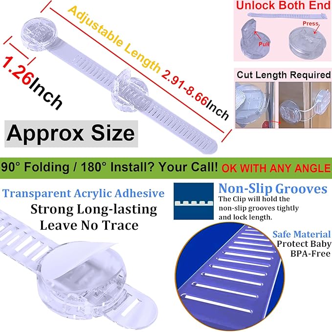 6 Pack Adhesive Straps Locks Baby Proofing for Drawers Fridge Dishwasher Toilet Seat Cupboard Oven Freezer Trash Can, Cabinet Latches Adjustable for Toddlers Cats Dogs, No Drill, Transparent