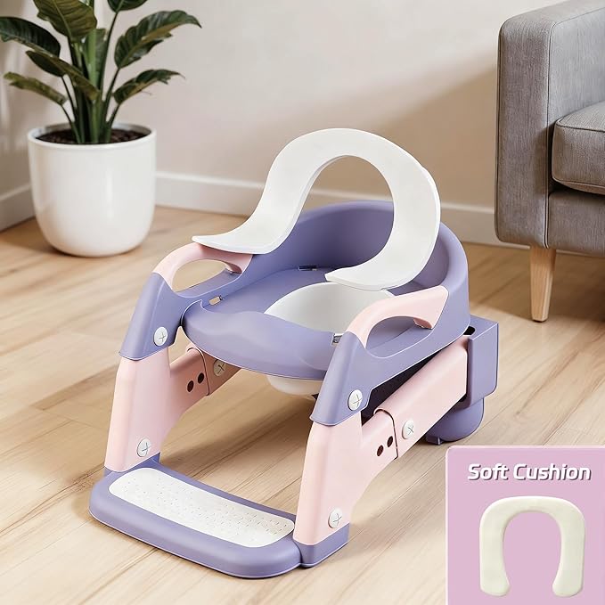 Snugzy Toddler Potty Training Seat 3-in-1 Foldable Potty Training Toilet with Step Stool Adjustable Potty Chair with Urinals (Pink Purple)