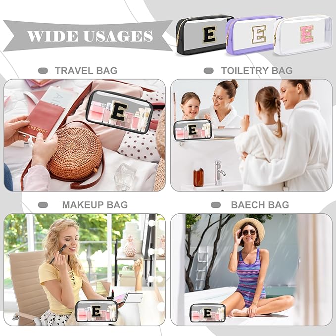 Personalized Initial Letter Clear Makeup Bag,Preppy Small Nylon&PVC Cosmetic Zipper Bag with Chenille Letter,Travel Skincare Toiletry Bag,Monogram Christmas Gift for Teen Girls Women,E