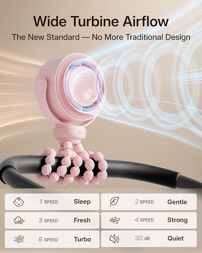 SWEETFULL Portable Stroller Fan, Pinch-Proof Baby Fan, 10H Battery, 5-Speed Quiet Mini Clip on Fan, USB-C Rechargeable with LED Display for Car Seat, Crib & Travel - Pink