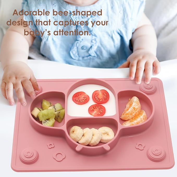 ROCCED Suction Plates for Baby Placemat Spoon Fork Set for Toddlers, Silicone Baby Plates with Suction Baby Dishes for Kids Plates-pale mauve