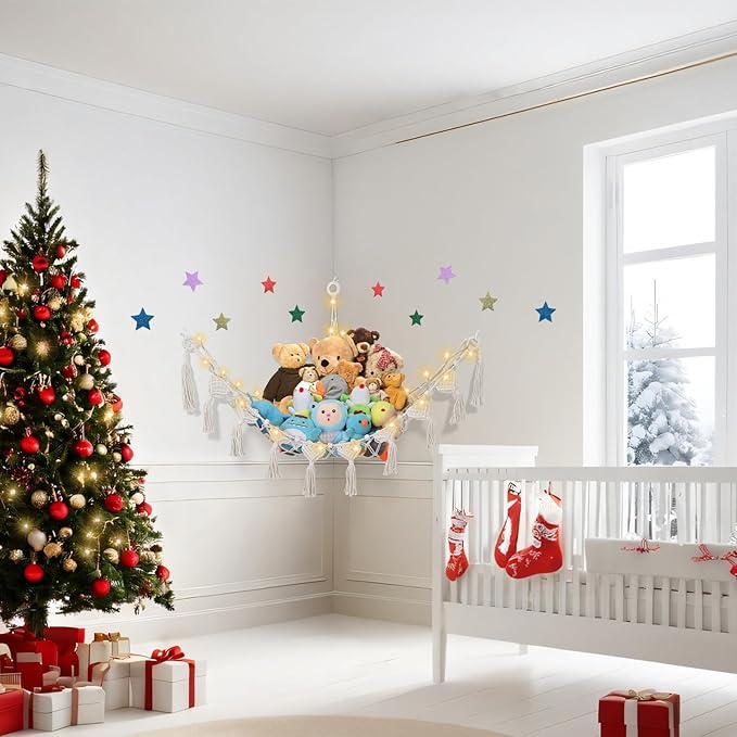 Stuffed Animal Hammock Net w/LED Star Light, 56 Inch Jumbo Toy Hammock for Stuffed Animals Teddy Plushie Net, Cream Stuffed Animal Storage Corner for Kid Girls Boys Gift