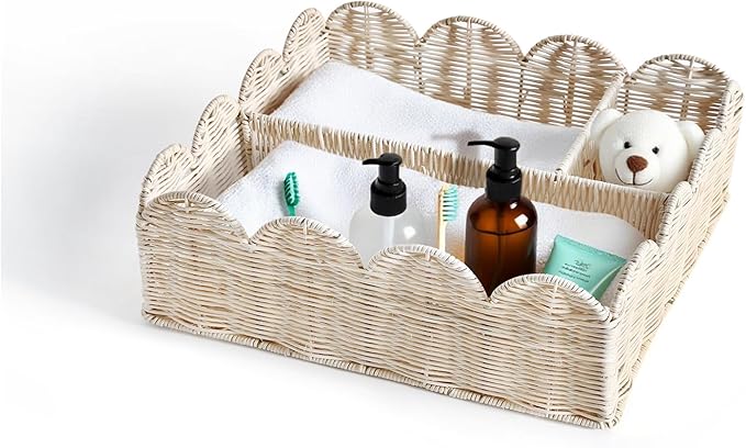 Rattan Divided Scalloped Basket,Wicker Diaper Caddy Scalloped Baske,Woven Natural Basket with 4 Dividers,Suitable for Baby Rooms, Bathrooms, Bedrooms (Rattan)