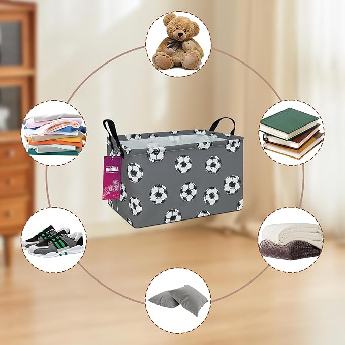 INGHUA Rectangular Storage Basket Fabric Organizer Bin for Toys,Books,Clothes,Gifts,Pets-Perfect for Home,Office,Nursery,Dorm,Shelf(Rec-grey football )