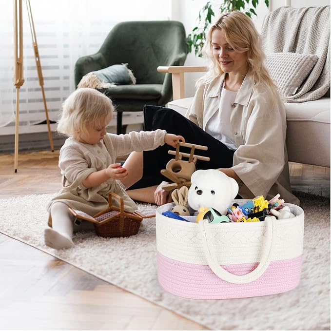 ABenkle Diaper Caddy Organizer - Cotton Rope Nursery Storage Basket for Baby Essentials, Boys & Girls Shower Gift, Changing Table Organizer, Pink