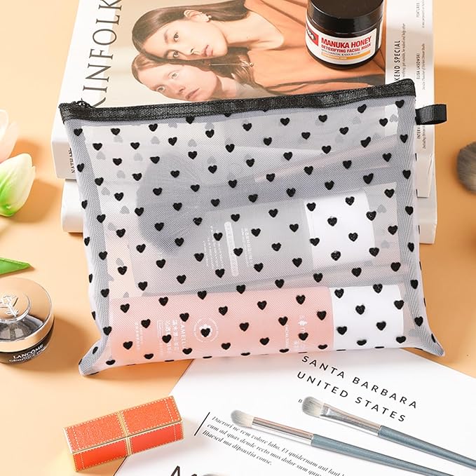 4-Piece Heart Printed Mesh Makeup Bag Set, Portable Travel Mesh Cosmetic Bags Toiletry Bags Makeup Purse Bags Mesh Zipper Storage Pouches for Home Offices Travel Accessories (White)