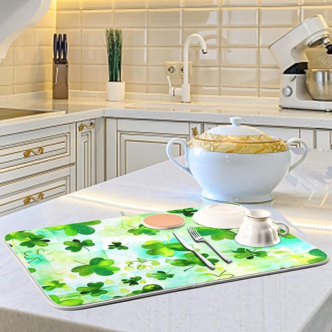 Absorbent Dish Drying Mat for Kitchen Counter - Clover Clover Microfiber Drying Pad, Reversible Drainer Mats for Countertop, Small 16" x 18"