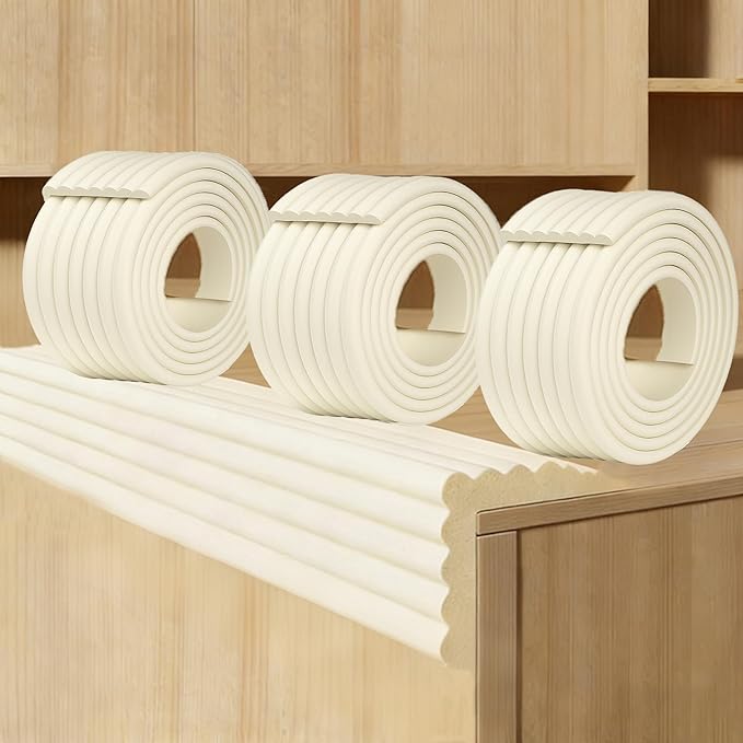 Beige Foam Edge & Corner Protector Tape, 3 Rolls,0.35" Thick x 3.15" Wide x 6.56 FT, Strong Adhesive, Baby Proofing for Table Edge, Crib Edge, Sharp Furniture Edge Protection