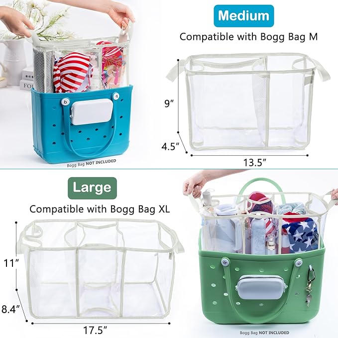 AMOIGEE Clear Beach Bag Organizer Insert with 3pcs Accessories for XL Bogg Bag Inserts - Tote Bag Divider with Sunglasses Holder, Phone Holder and Clips Hooks - Beach Tote Insert Organizer Liner