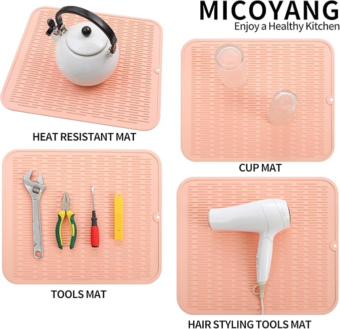 MicoYang Silicone Dish Drying Mat for Multiple Usage,Easy clean,Eco-friendly,Heat-resistant Silicone Mat for Kitchen Counter or Sink,Refrigerator or Drawer Liner Pink XL 18 inches x 16 inches