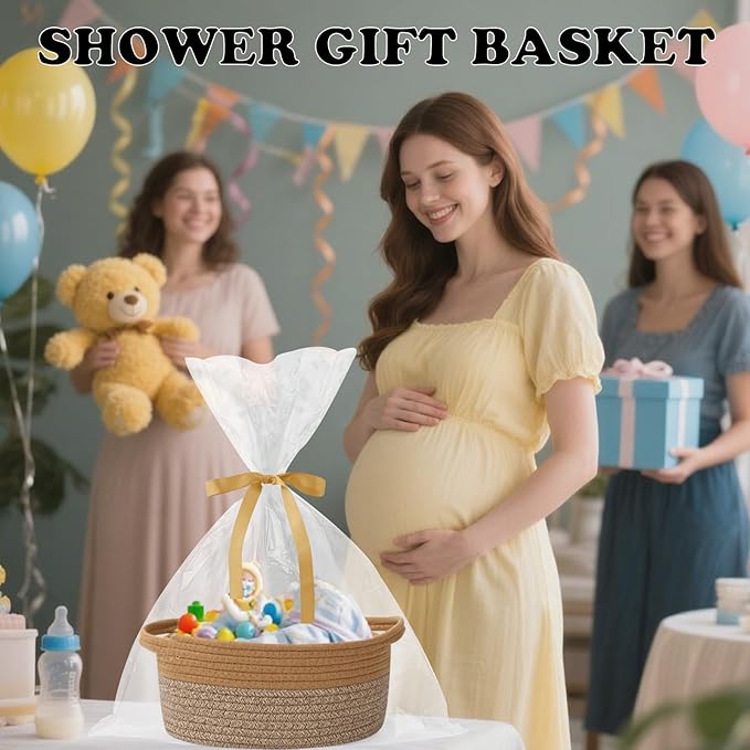 Small Woven Rope Basket-Empty Gifts Basket with Bag and Ribbons,Cute Handle Organizer Box for Birthday/Baby Shower, Toy Storage, Nursery Organizing & Shelf Decor(Jute&Mixed Brown)