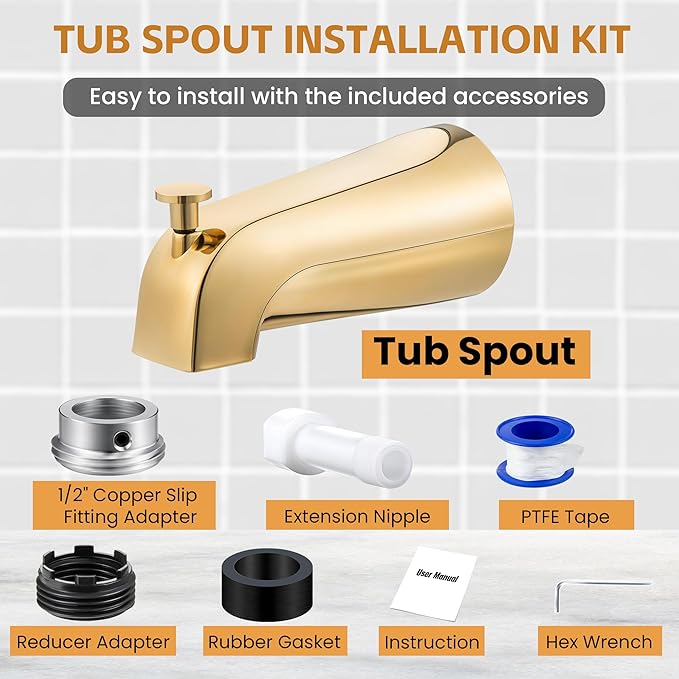 Dreyoo Tub Spout (Universal Fits 1/2" Copper Pipe, 1/2" IPS and 3/4" IPS), Bathroom Bathtub Faucet with Adapters and Hex Wrench(Polished Brass,Simple)