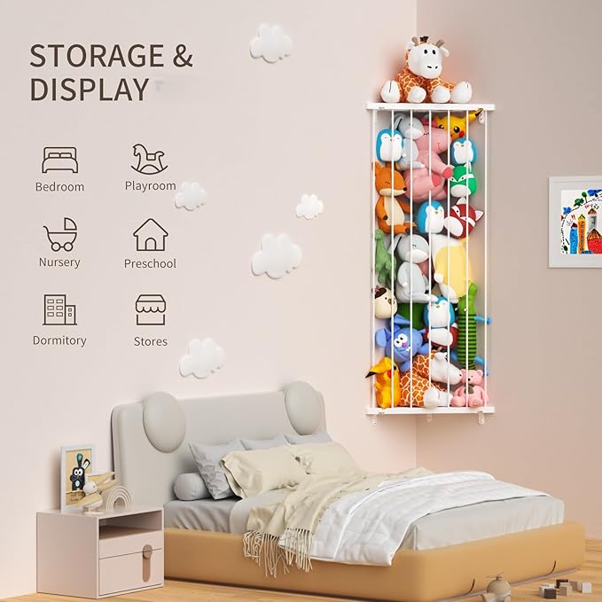 Stuffed Animal Storage Toy Organizer(Patented) - Corner Stuffed Animal Holder Length Adjustable - Stuffed Animal Wall Storage for Nursery Playroom Bedroom Kids Room Decor(White)