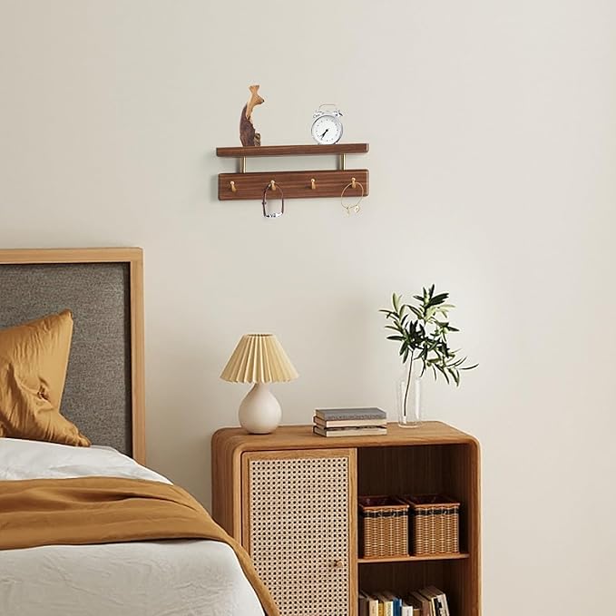 Mayhas Solid Wood Shelf with Hooks, 12 inch Coat Rack Wall Mount, Shelves with 4 Brass Hooks for Hanging in Entryway, Living Room, Bathroom, Bedroom, Kitchen(Walnut)