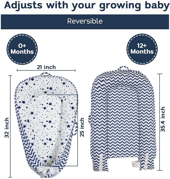 Aila+Aiden Baby Lounger | Organic Cotton Infant Lounger| Reversible, Adjustable & Portable Floor Lounger |Supervised Use | Soft, Breathable, Washable Cover - Star Collection (Blue)