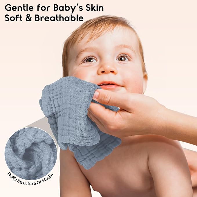 Unnivoll Muslin Burp Cloths Baby 12''X12'', Baby Washcloths 6 Pack, 100% Cotton Baby Wash Cloths Absorbent and Soft for Newborn Infants Kids Boys Girls - Apricot Green Sapphire Blue