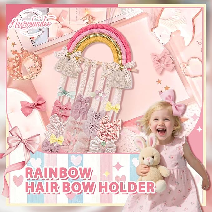 NICROLANDEE Rainbow Tassels Hair Bows Holder Hanging - Baby Hair Accessories Storage Bow Organizer Wall Hanger Decor for Baby Girls Wall Hanging Decor for Girls Room Ornament (Pink Yellow)