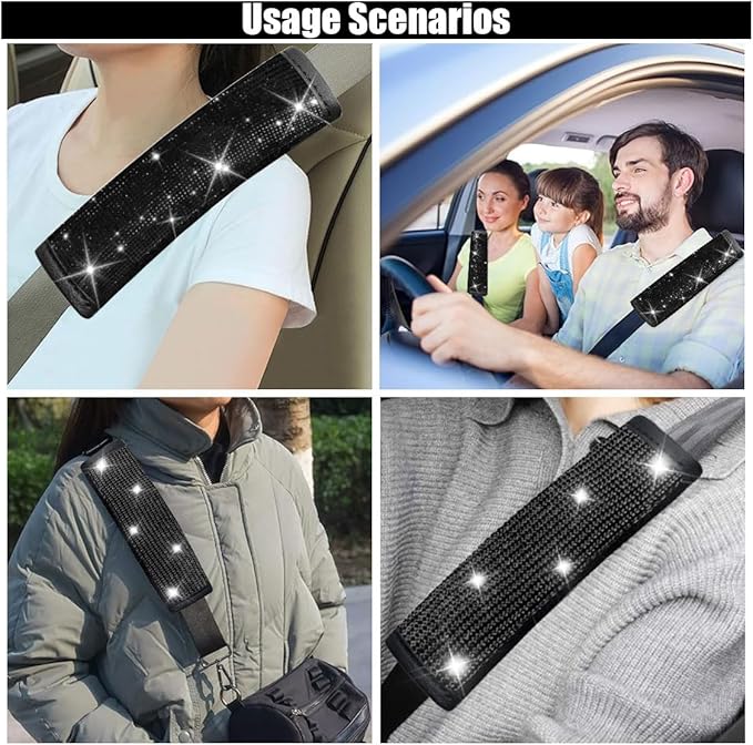2PCS Bling Car Seat Belt Shoulder Pads, Bling Rhinestones Seat Belt Covers for Women, Car Seatbelt Strap Pad with Crystal Diamond, Car Interior Accessories for Car SUV (Black Diamond)