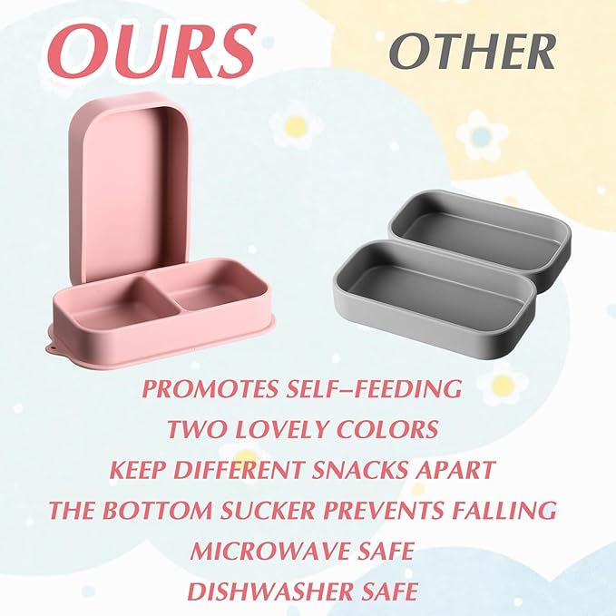 Uiifan 2 Pack Baby Suction Plate Set Silicone Suction Plate with Lid Divided Bowls for Portable Toddler Utensils Compact for Self Feeding Baby Travel Essential(Gray, Pink)