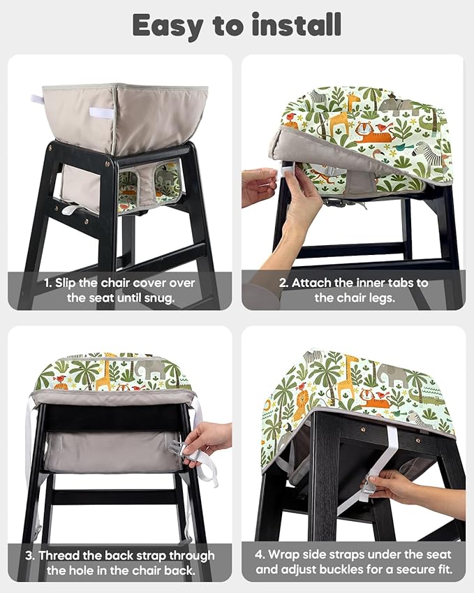 Mamatepe Baby High Chair Cover with Strap Pads & 2-Point Harness - Machine Washable, Waterproof, Portable for Restaurant/Travel/Home - Fits Wooden High Chairs, Green Forest