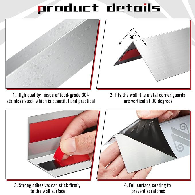 Therwen 10 Pcs 2 x 2 x 48 Inch 304 Stainless Steel Corner Guards Metal Wall Guard Protector Corner Trim Molding for Door Countertop Furniture Cabinet Protection