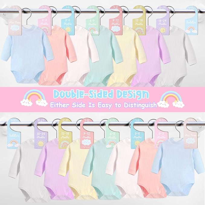 Baby Closet Dividers 8PCS, Pastel Rainbow Theme Wooden Double-Sided Clothes Size Hanger Organizer from Newborn to Toddler for Nursery Decor Baby Shower Birthday Gift