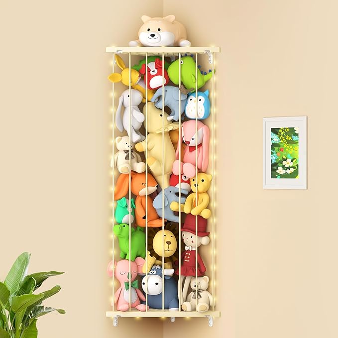 Stuffed Animal Storage Shelf Organizer(Patented) - Corner Stuffed Animal Holder Length Adjustable - Wall Plush Storage with Light for Nursery Playroom Bedroom Kids Room (Beige)