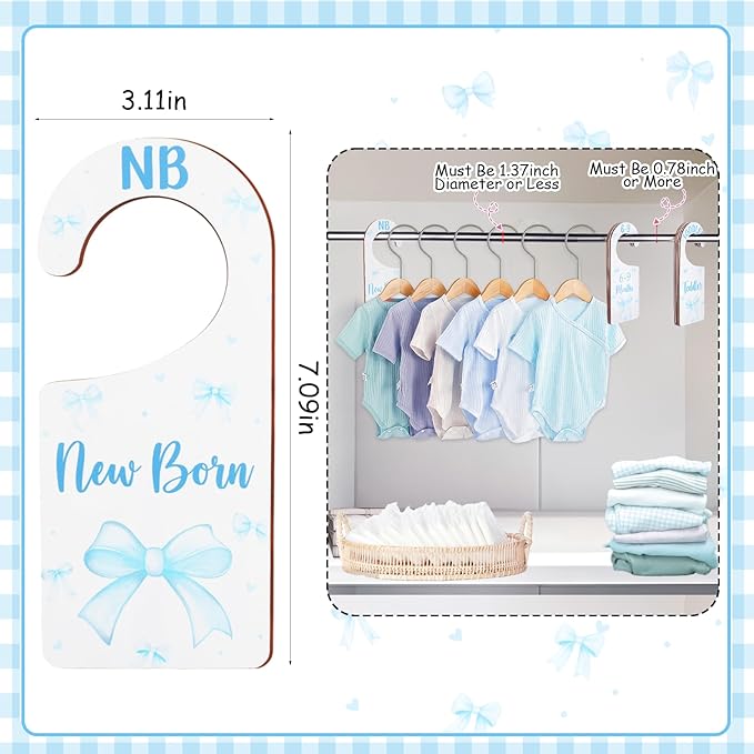 Baby Closet Dividers 8PCS, Blue Bow Themed Wooden Double-Sided Clothes Size Hanger Organizer from Newborn to Toddler for Nursery Decor Baby Shower Birthday Gift