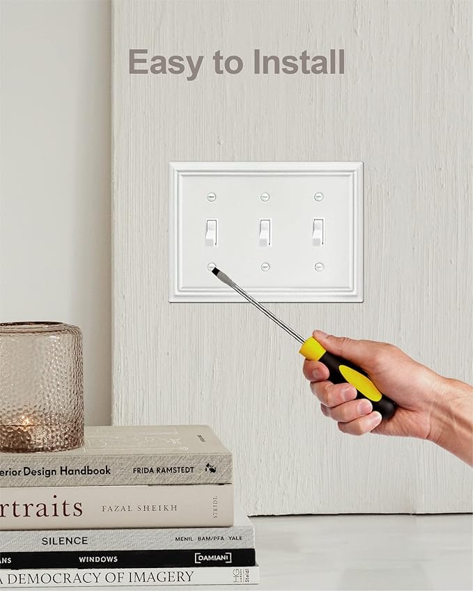 Triple Toggle Switch Wall Plate, Metal Light Switch Cover, Off White Finish, Midsize