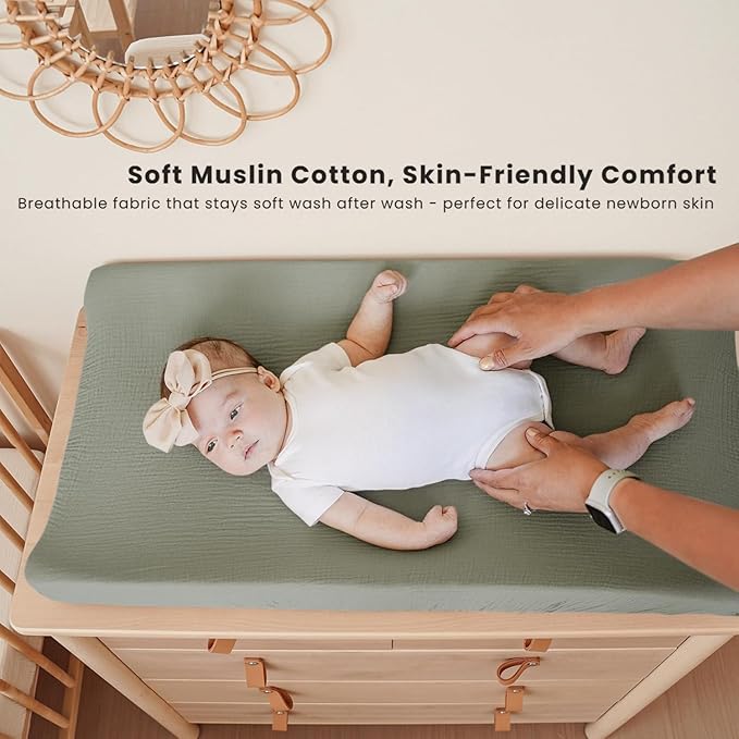 Konssy 2 Pack Muslin Changing Pad Cover for Baby Girls Boys 100% Cotton Fitted Diaper Changing Table Cover Set, Soft Changing Pad Sheets (Rabbit,Fog Green)