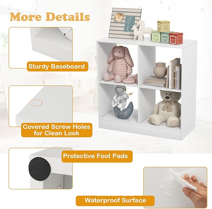 Costzon Toy Organizers and Storage, Wooden White 4-Cube Kids Bookcase for Books Toys Display Organization, Toddler Bookshelf for Bedroom, Living Room, Nursery, Playroom