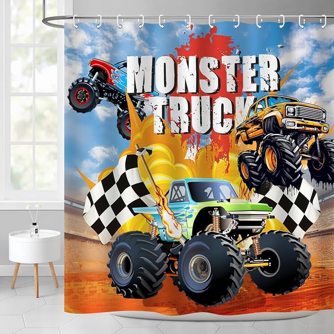 Monster Truck Shower Curtain Cool Cartoon Racing Car Boy Home Bathroom Decor Waterproof Fabric 72Lx72W Inch with Plastic 12PCS Hooks