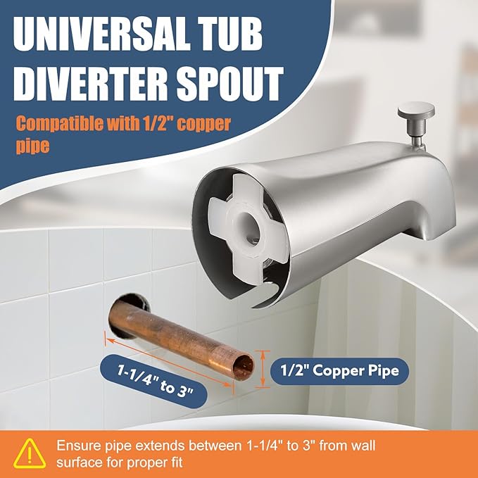 Universal Bathtub Tub Spout with Diverter, Fits 1/2" Slip-Fit Copper Pipe Connection, Pull Down Bathtub Faucet Spout Replacement, Easy Installation (Brushed Nickel)