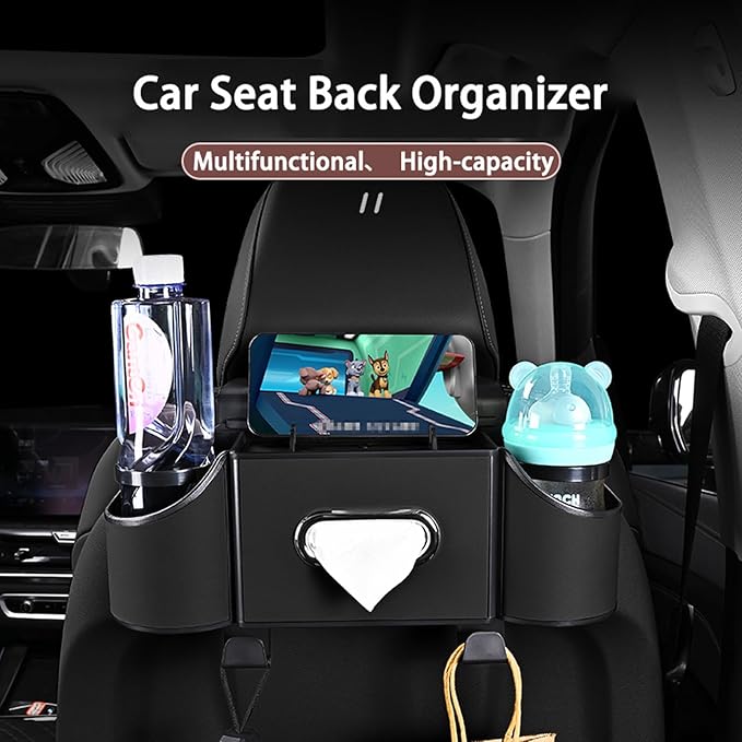 Back Seat Car Organizer,4 in 1 Multifunctional Car Back Seat Storage Box with Drink Cup Holder Tissue Box, for Hold Phone,Snacks, Drinks, Handbag-Black-2Packs