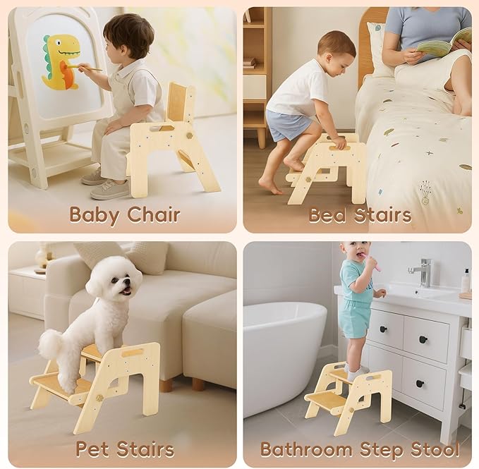 Toddler Step Stool, 2 in 1 Kids Step Stool with Safety Non-Slip Pads and Handles, Wooden Potty Training Stool, Kids Stools Toddler Stool for Bathroom Sink, Kitchen, Bedroom, Nursery, Natural