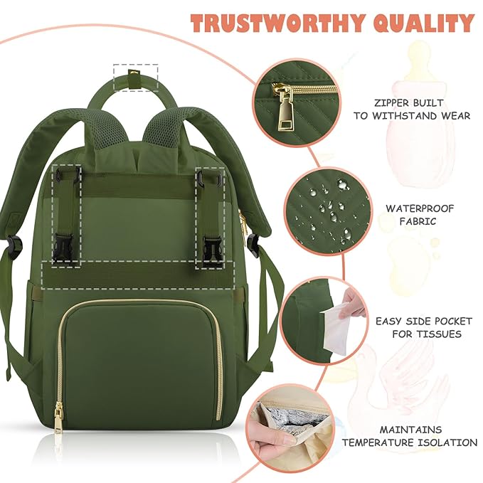 Tenot Baby Diaper Bag Backpack, Travel Diaper Bags for Girl Boy Large Capacity Baby Bag Backpack for Women Army Green