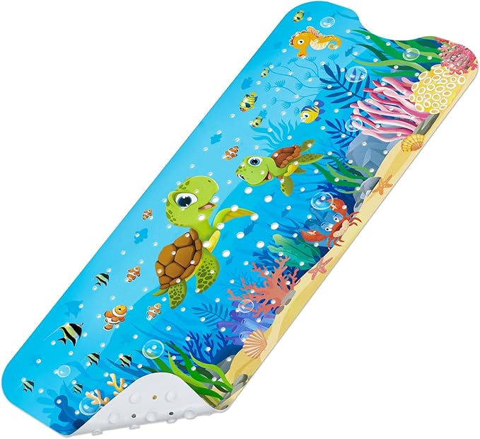 Omedecal Baby Bath Mat for Tub, Non Slip Kids Bath Shower Mat, 40 X 16 Inch Large Bathtub Mat with Drain Holes and Suction Cups for Toddlers, Machine Washable and Waterproof (Turtle)
